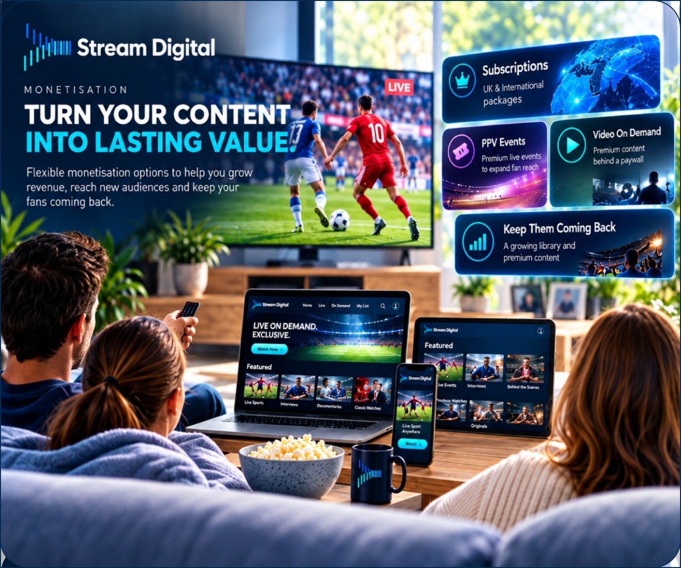 Stream Digital subscription and pay-per-view platform shown across digital devices