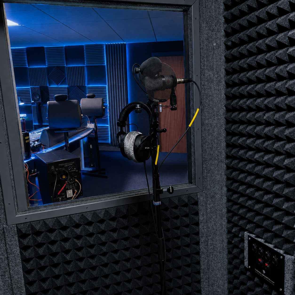 Stream Digital isolation vocal booth with producer window into the audio studio