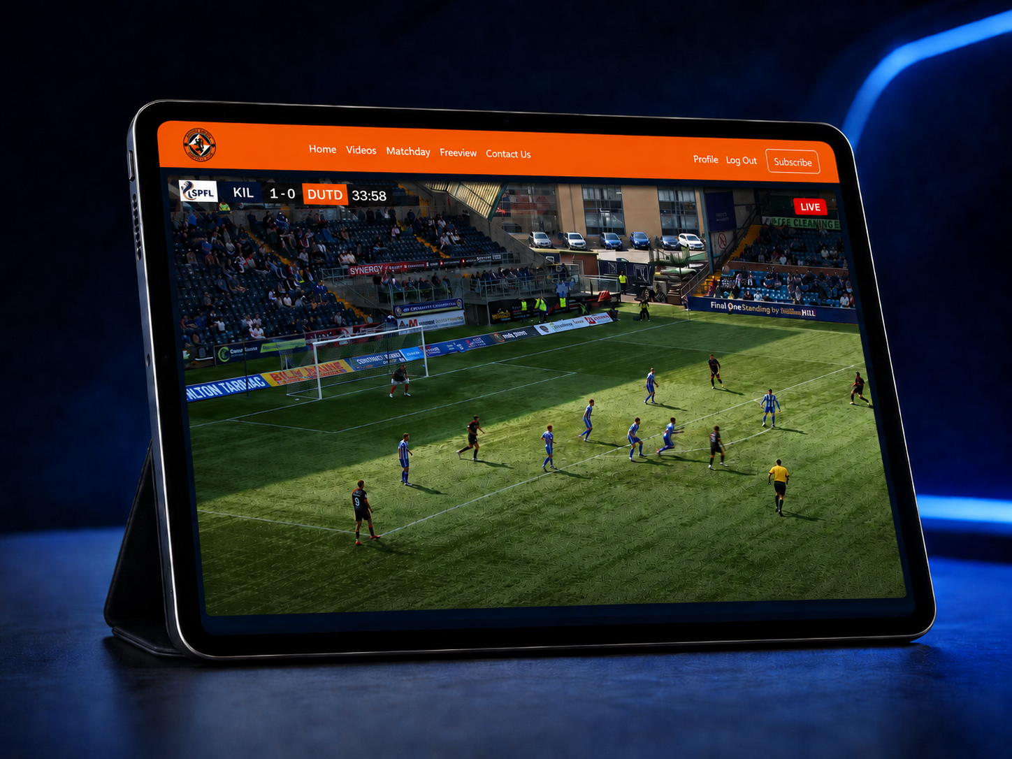 Live football stream displayed inside a branded Dundee United tablet interface