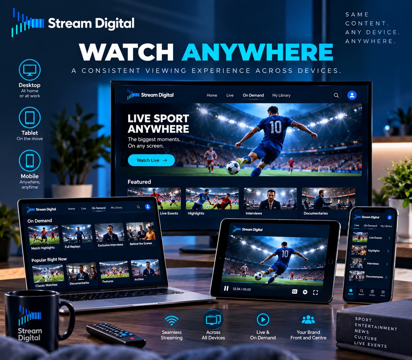 Branded video on demand content library with organised programmes and categories